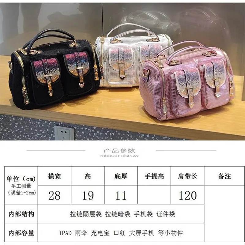 2024 New pink sequins Women Fashion Mesh Rhinestone Messenger Bag Lady Casual Shiny Office Pockets Handbag