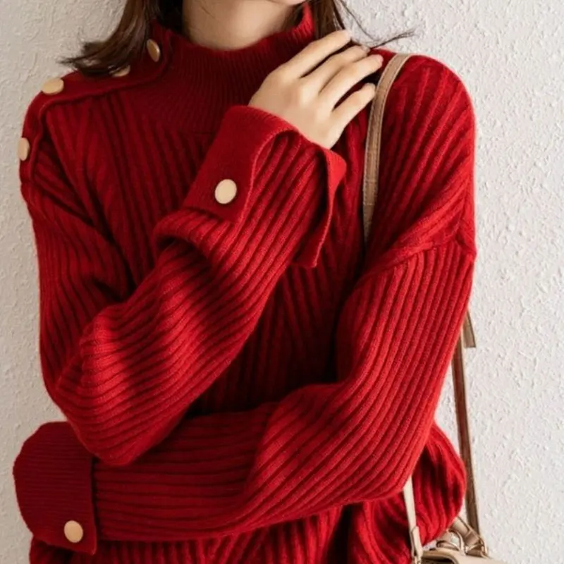 Basic Korean Half High Collar Jumpers Autumn Winter Solid Color Women\'s Clothing Loose Stylish Button Vintage Knitted Sweaters