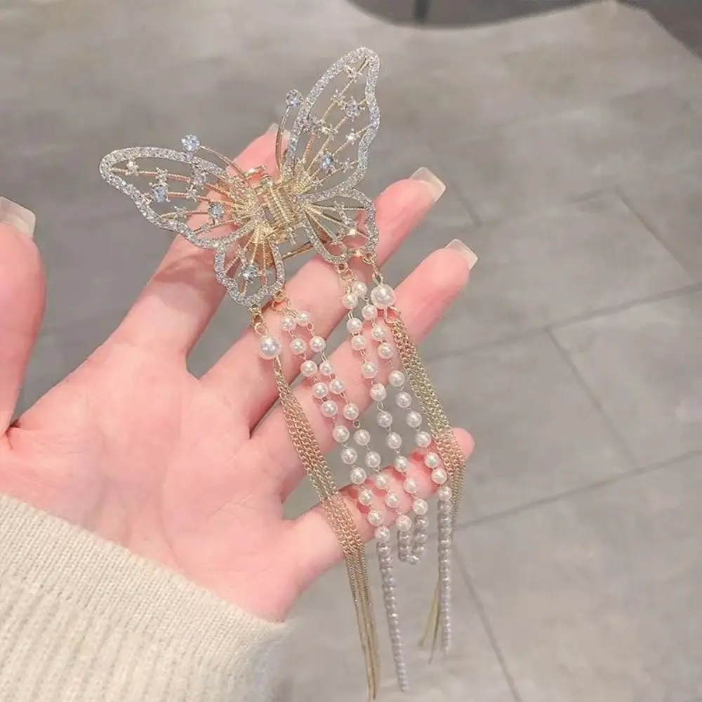 فراشة لؤلؤ شرابة مخلب الشعر للفتيات ، إكسسوارات الشعر الكورية ، مقاطع القرش الأنيقة ، ذيل حصان معدني الموضة ، مشبك كراب