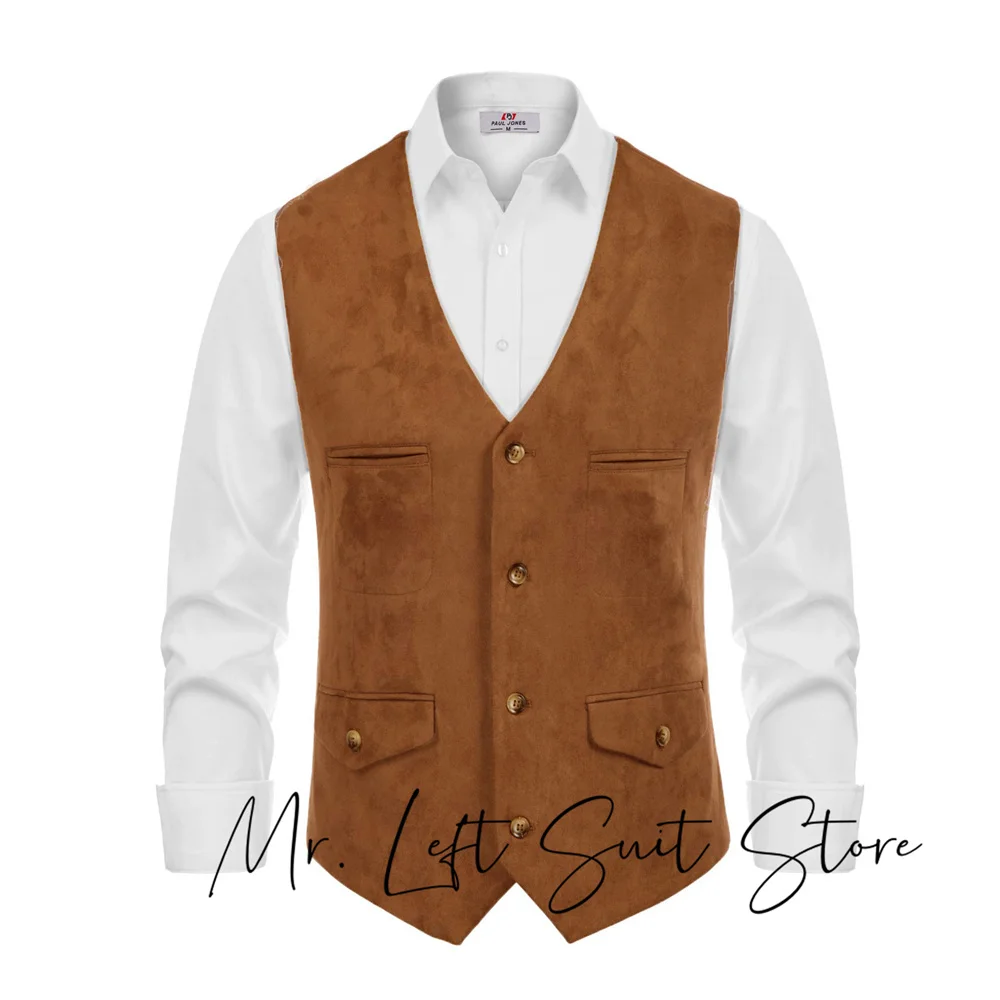 Fashion V-neck Men's Suede Leather Suit Vest Casual Western Vest   placket sleeveless jacket Formal Sleeveless Waistcoat