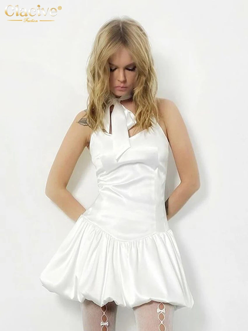 

Clacive Summer Slim White Satin Women's Dress 2025 Sexy Strap Sleeveless Mini Dresses Bodycon Classic Pleated Female Dress