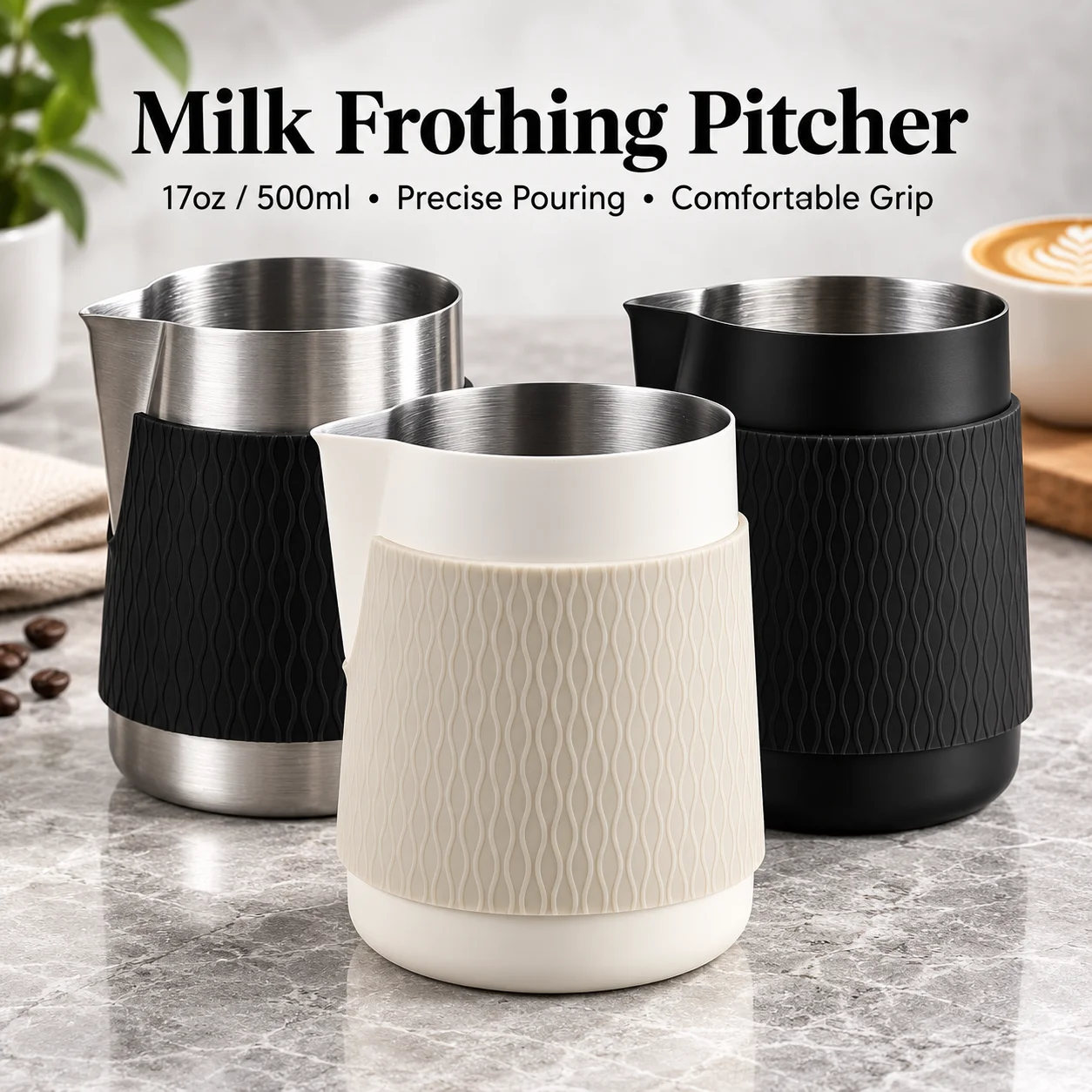BIGE 17oz 500ml Handleless Milk Frothing Pitcher Stainless Steel Latte Art Jug with Silicone Sleeve Scale & Precision Spout