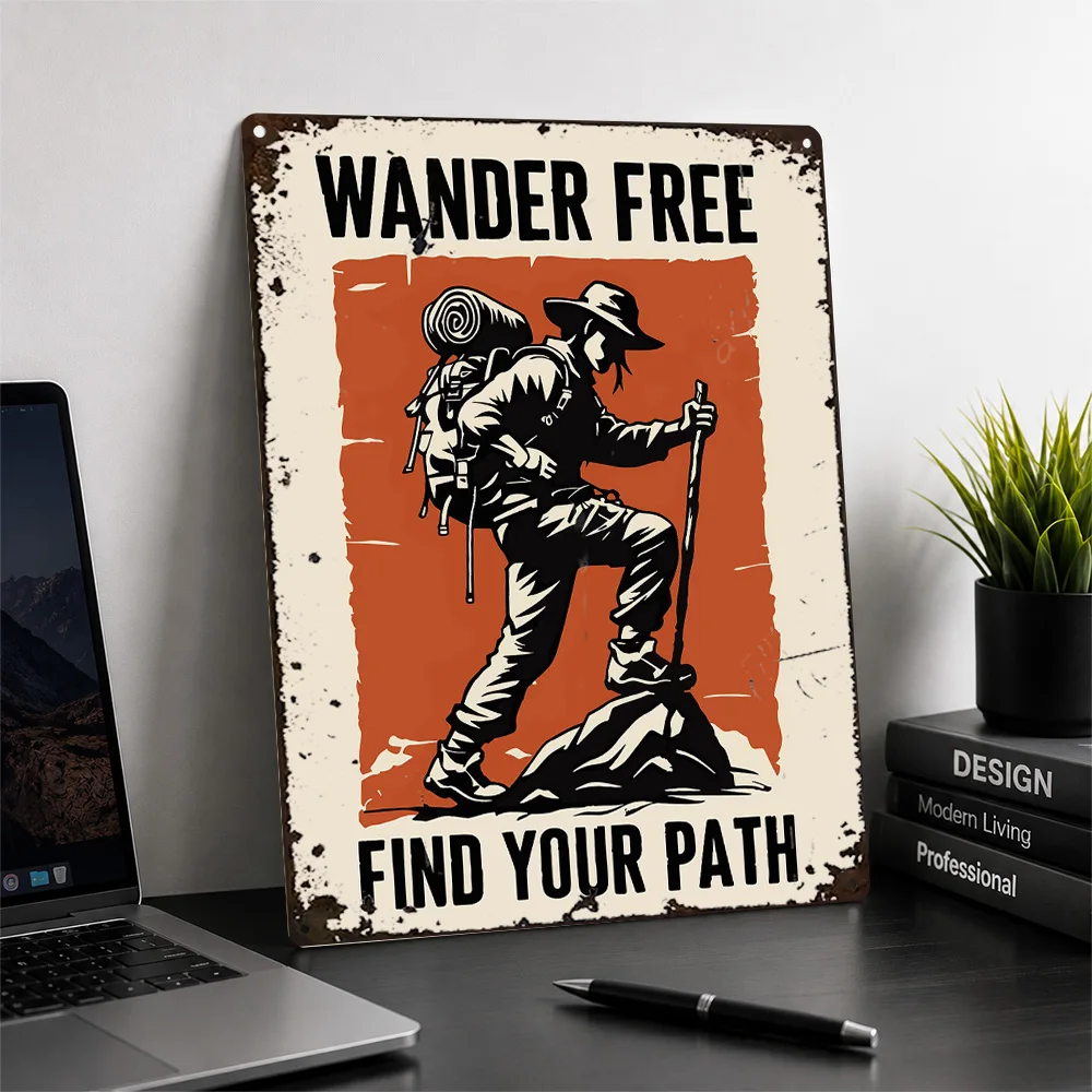 Wander Free Hiking Explorer Aluminum Poster Retro Graphic Wall Art For Living Room Personalized Metal Sign Traveler Gift Idea