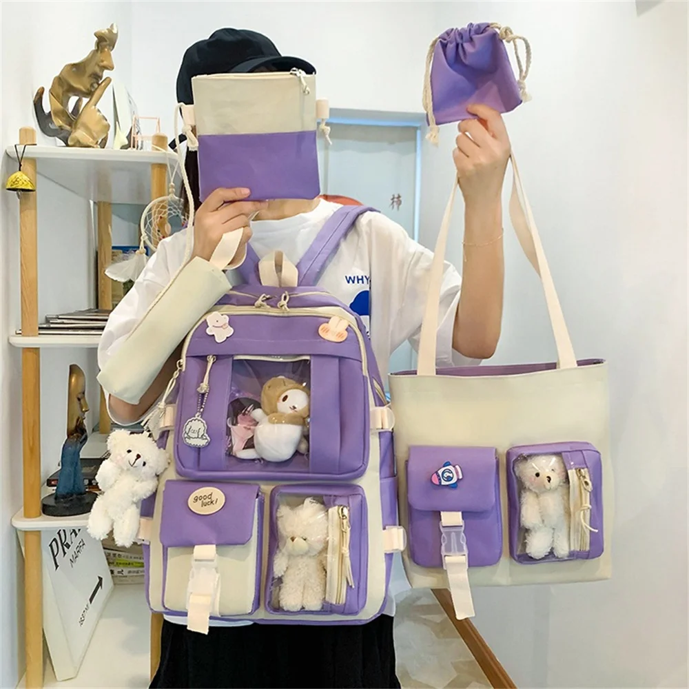 5pcs/Set Kawaii Girls Backpack For Student School Bag Teenager Girls Schoolbag Book Bags Pencil Case Women Travel Computer Tote