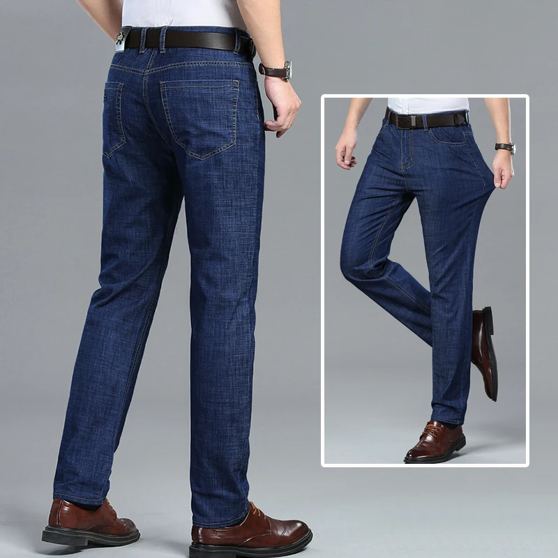 

Thin Jeans Men's Tencel Breathable Elastic High Waisted Versatile Denim Pants Business Loose Plus Size