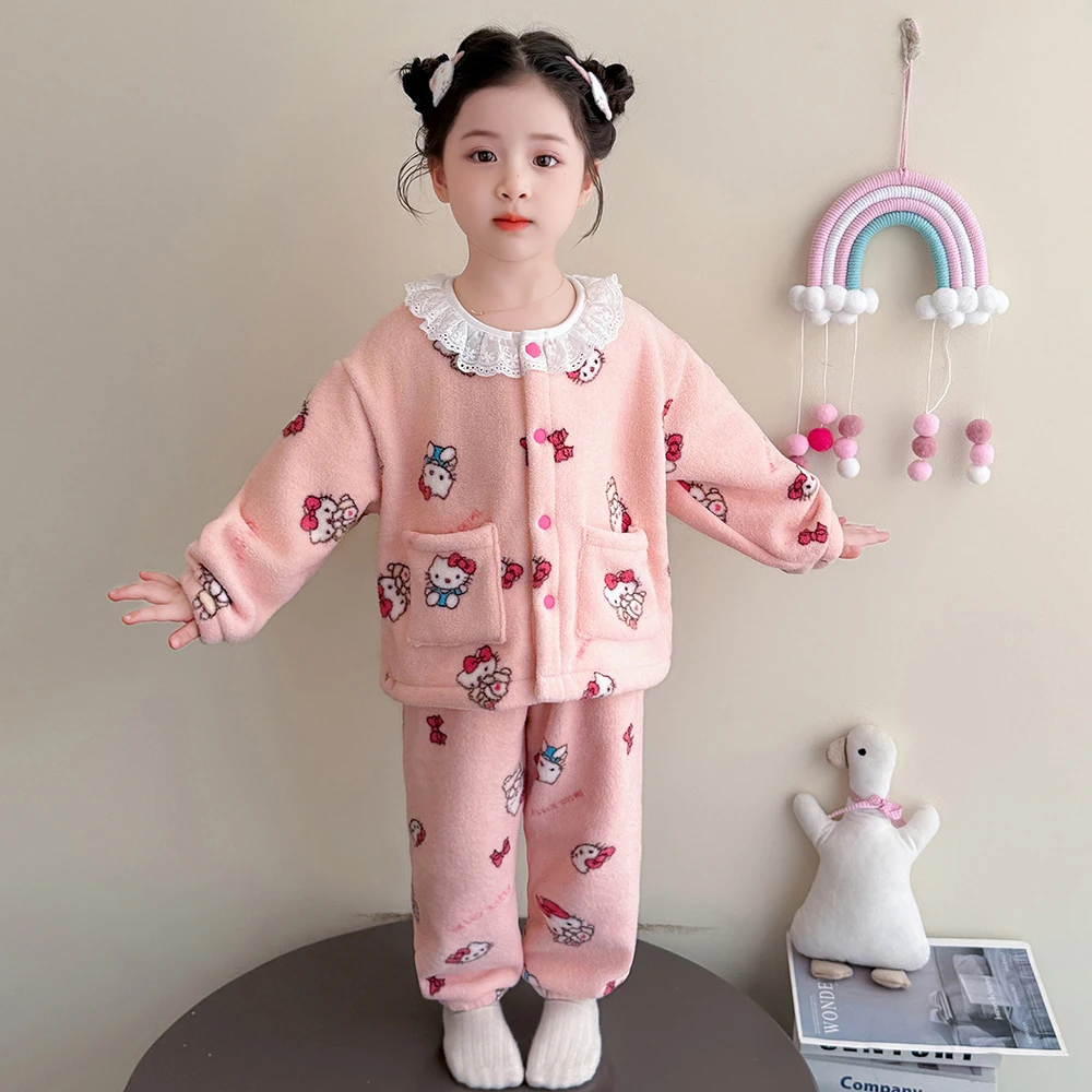 

Girls Warm Fleece 2Piece Set 2025 New Winter HelloKitty Lace Doll Collar Top+Elastic Waist Pants Luxury Children's Casual Outfit