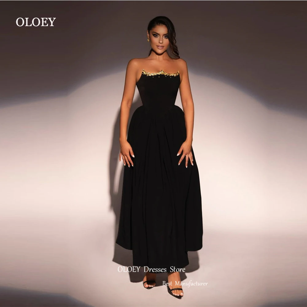 OLOEY Shiny Gold Beads Black Evening Dresses Ankle Length Matte Satin Dubai Arabic Women Prom Gowns Formal Party Occasion Dress