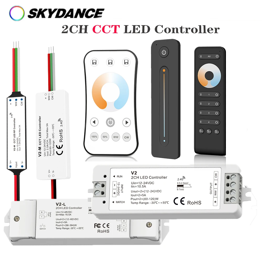 

Skydance 2CH CCT LED Controller 2.4GHz Remote Control Warm White Cool White LED Strip DC12V 24V 36V Max 576W