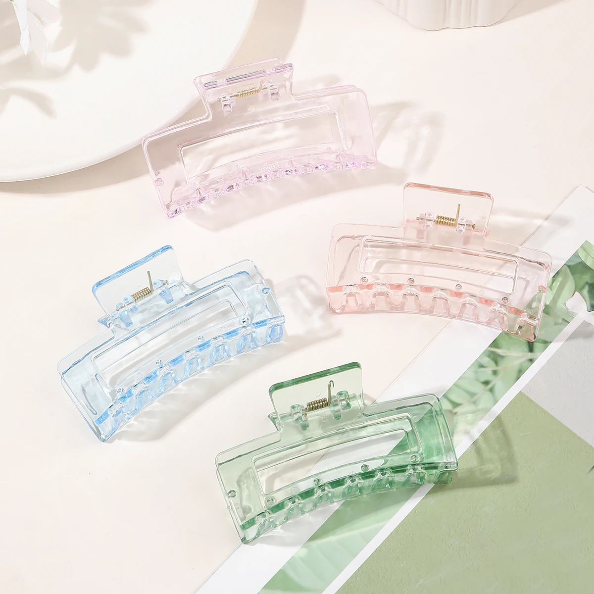 4Pcs Big Candy Color Rectangle Hair Claw Clips,3.4In Square Clear No Slip Big Jaw Clip Multi Colored for Thick Hair Women Girls