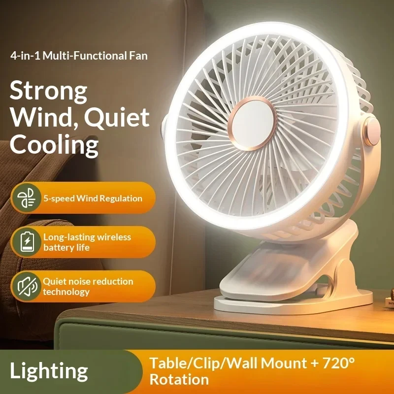 

3-in-1 Clip/Wall/Stand Fan, 5 Speeds, 720° Rotation, Night Light, Brushless Motor, Type-C for Home Office Camping