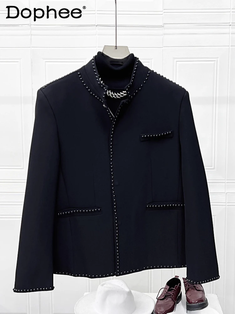 

High-End Stand Collar Blazers Men 2025 Autumn New Fashion Beaded Small Fragrant Trendy Suit Jackets Male Handsome Tailored Coats