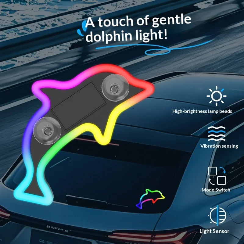 1Pc Solar Powered Dolphin LED Ambient Light, Wireless Decor Atmosphere Ornament for Car Triangle Rear Window Interior