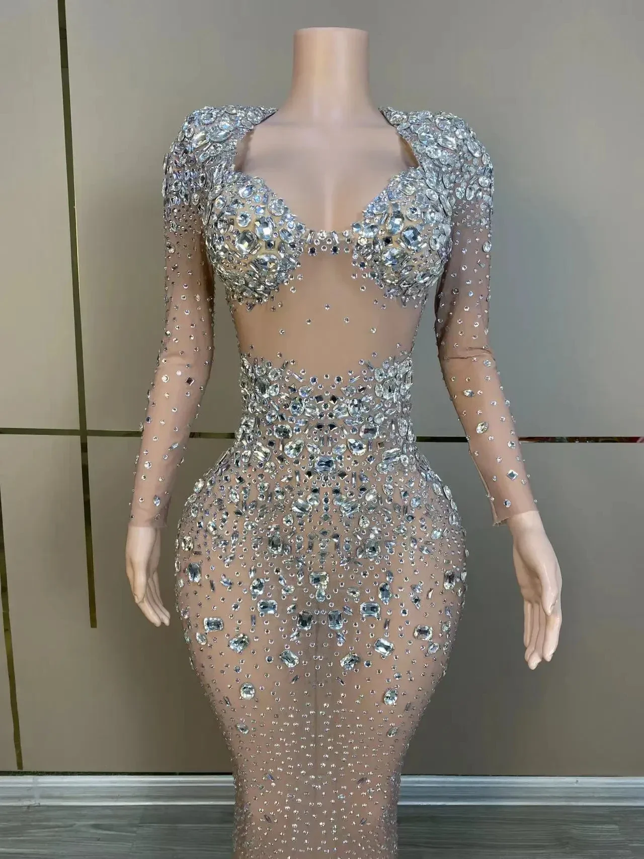 Vestido de noche de lujo brillante con diamantes de imitación, disfraz de actuación para mujer, vestido de graduación, fiesta de Club, celebración de cumpleaños, sesión de fotos