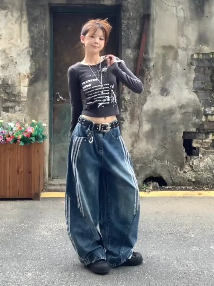 

plus Size American Street Retro Denim Jeans Women Loose Slim Striped Design Sense Knife Splicing Casual Wide Leg Pants