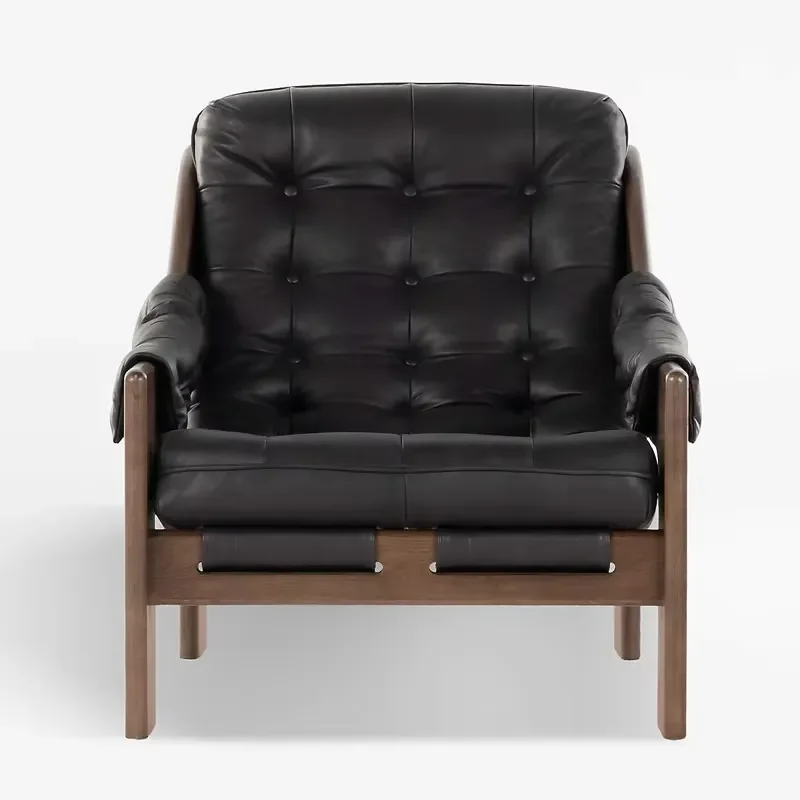 Nordic Hotel Retro Recliner Armchair Wooden Oak Frame Living Room Black Leather Seating Modern Bedrooms Lounge Club Accent
