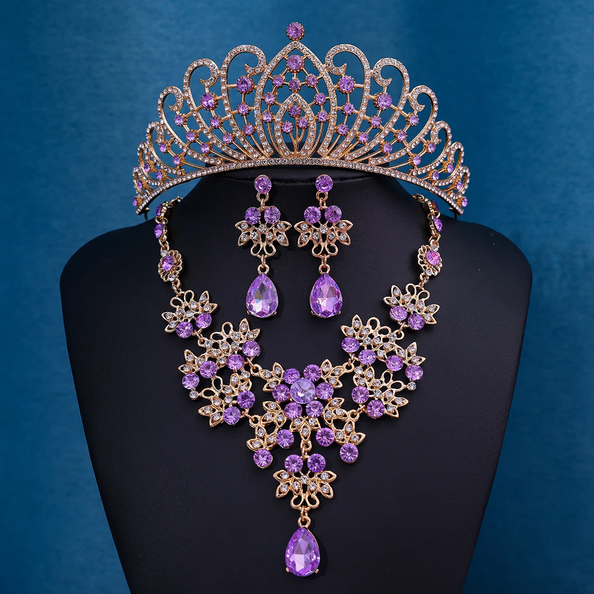 3-piece gorgeous purple princess rhinestone wedding crown headwear set