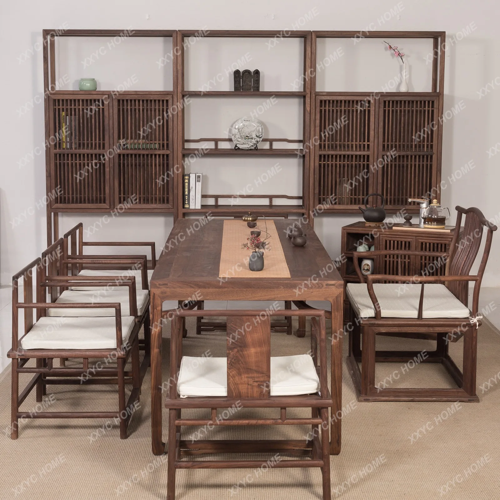 LBlack walnut bookshelf Zen simple tea display cabinet paint-free old elm shelf new Chinese style