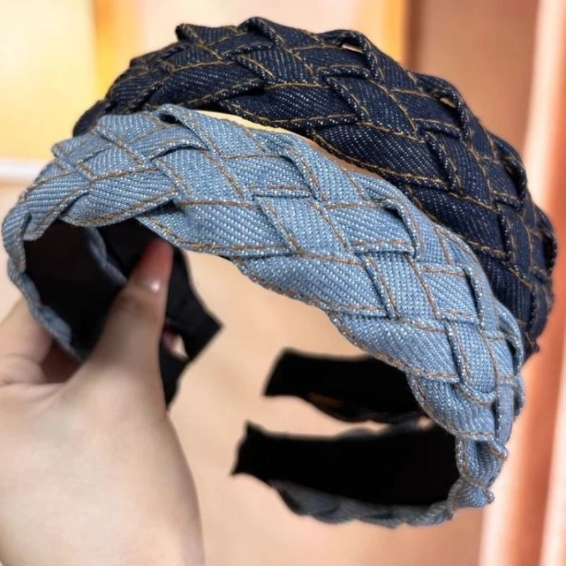 

Blue Denim New Style Casual Women Ladies Headband Female Trendy Popular Hair Clip Headdress Wide Edge Dough Twists Hairbands