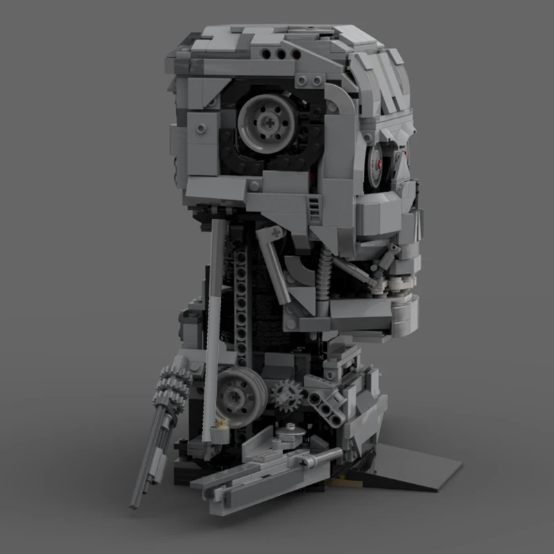 Sci-Fi Robot Skull Bust MOC Building Blocks, Futuristic Cyborg Head Model With Internal Mechanical Structure Details
