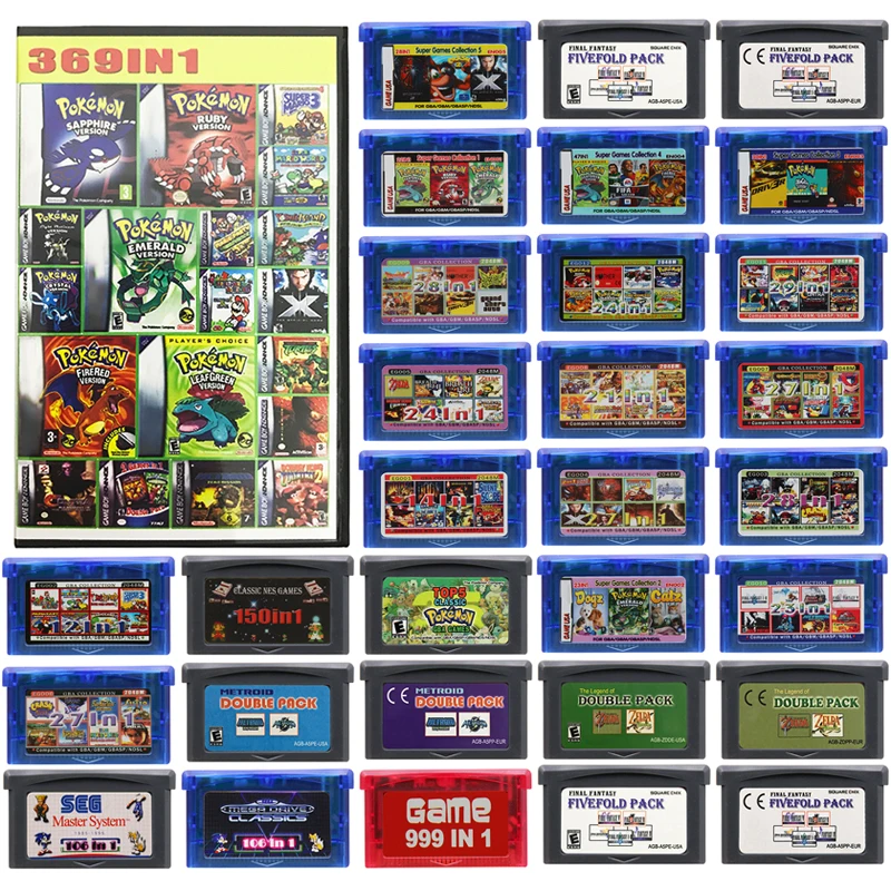 GBA Video Game Cartridge 32 Bit Games Card Game Compilation 369 in 1 150 in 1 Pokemon Top5