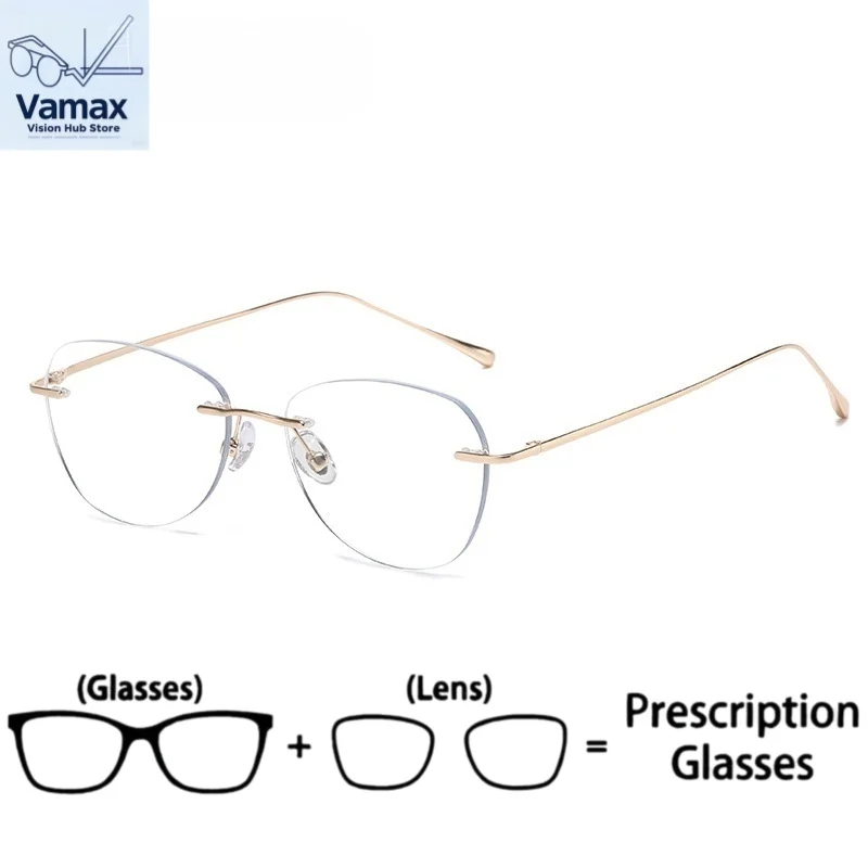 

VAMAX Ultra Light Pure Titanium Frameless Eyeglasses Female Chic Prescription American Cut Tempered Lens