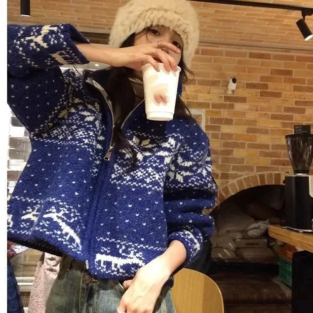 

Korean Fashion Stand Collar Double Zipper Cardigan 2024 Autumn New Sweaters Mujer Simple All-match Long Sleeve Coat Women