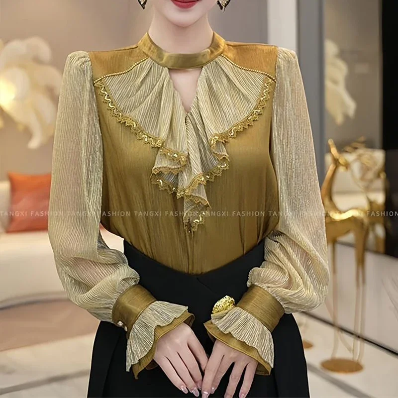 

Women Luxury Trendy Ruffles Lace Patchwork Shirt Office Lady Vintage Elegant Harajuku Hollow Blouse Long Sleeve Loose Tops