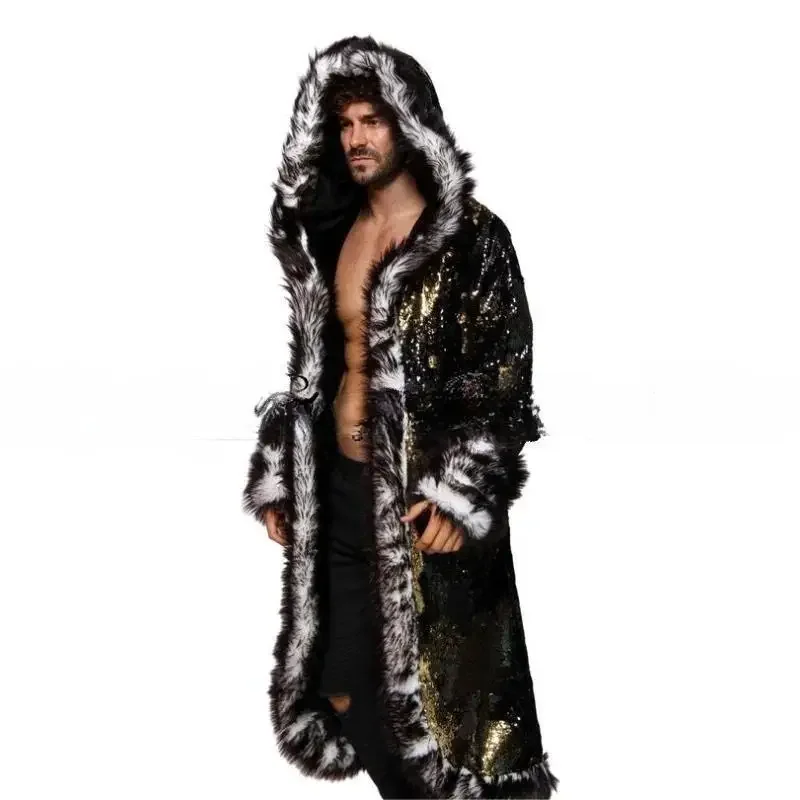 Men LED Wild Faux Fur Coat Light Up Long Coat for Stage Performance Show Dancing Costume