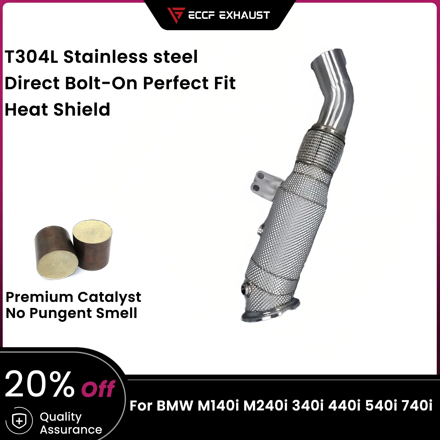 

ECCF Downpipe With Heat Shield For BMW M140i M240i 340i 440i 540i 740i Aggressive Exhaust Sound High Flow Performance Upgrade