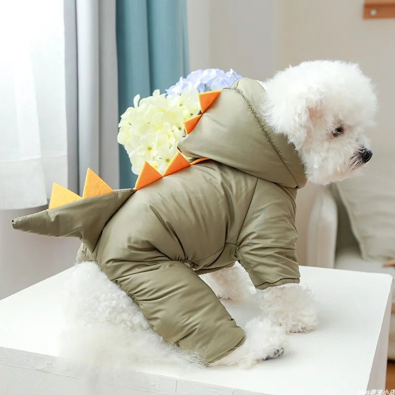1PC Pet Clothes Winter Plush Thick Military Color Fat Dinosaur Four legged Cotton Coat Suitable for Small and Medium sized Dogs