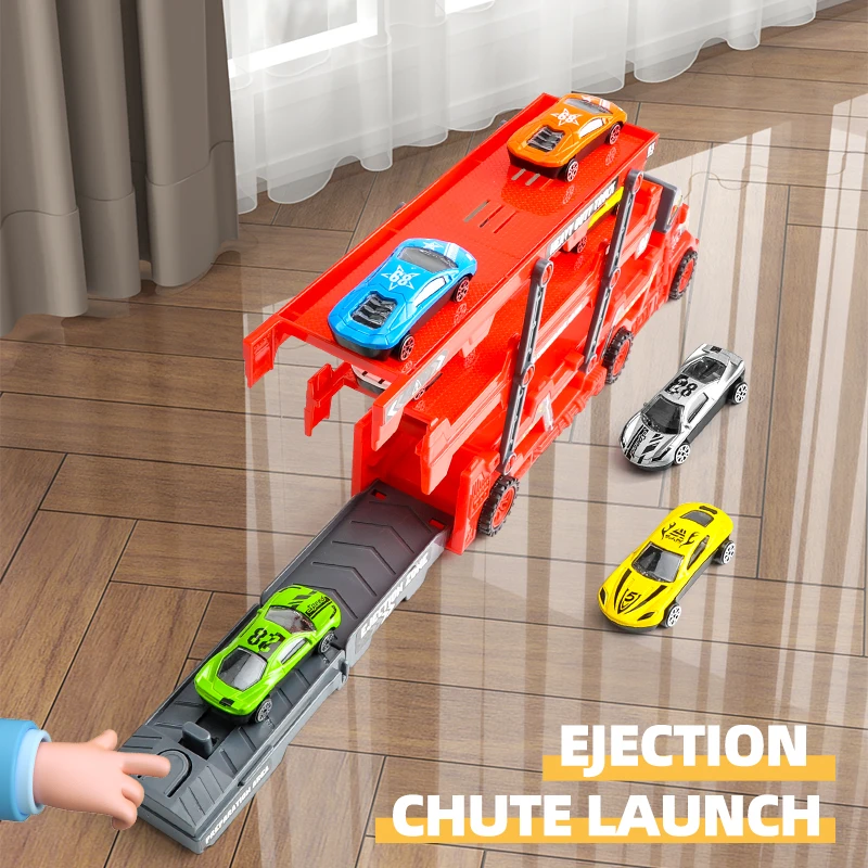 Toy Car Ejection Folding Truck Container Transporter Trailer Track Racing Playset For Kid Children Gift Model Car