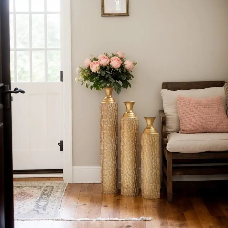 مجموعة من 3 مزهريات زخرفية معدنية مع لمسة نهائية ذهبية متعثرة وأنماط كرمة، ارتفاعات 34 بوصة، 29 بوصة، 25 بوصة لتزيين المنزل #6