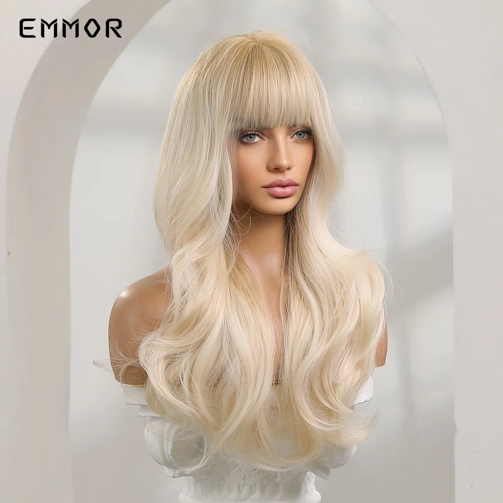 Emmor Synthetic Ombre Blonde Platinum Wigs Long Wavy Wig for Women with Bangs Party Daily Heat Resistant Fibre Hair Wigs