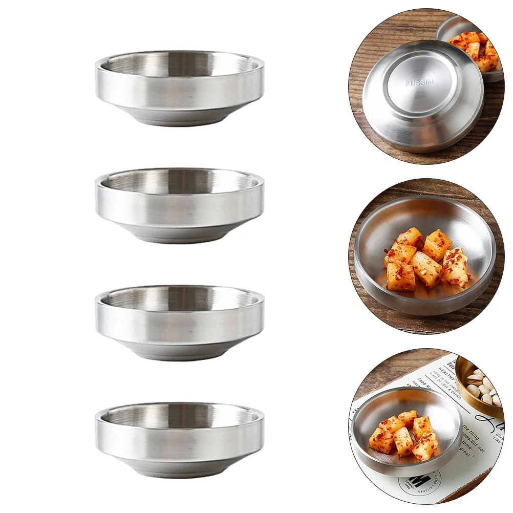 4 Pcs Double Layer Kimchi Bowl Stainless Steel Bowls Sauce Dipping Dish Seasoning Flavor Pickle Tableware