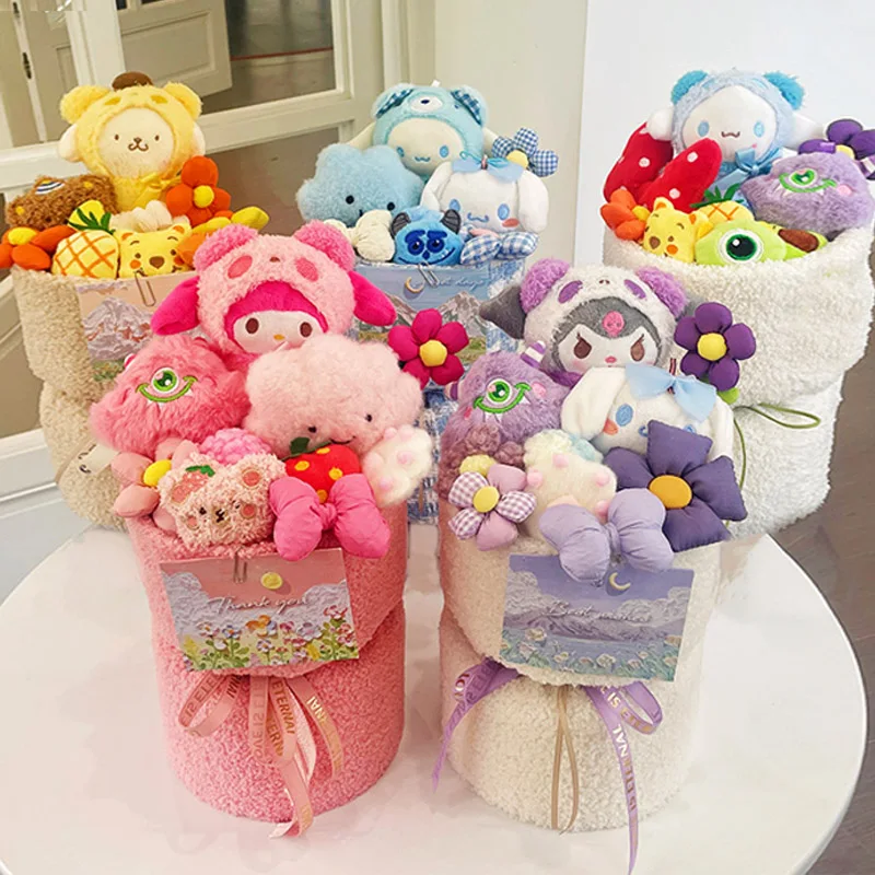 SANRIO Kuromi Cinnamoroll Melody plishie นุ่มช่อดอกไม้ตุ๊กตาการ์ตูนของเล่นเด็กชุดไฟถุงซานตาชุดของขวัญวันเกิดเด็กหญิง