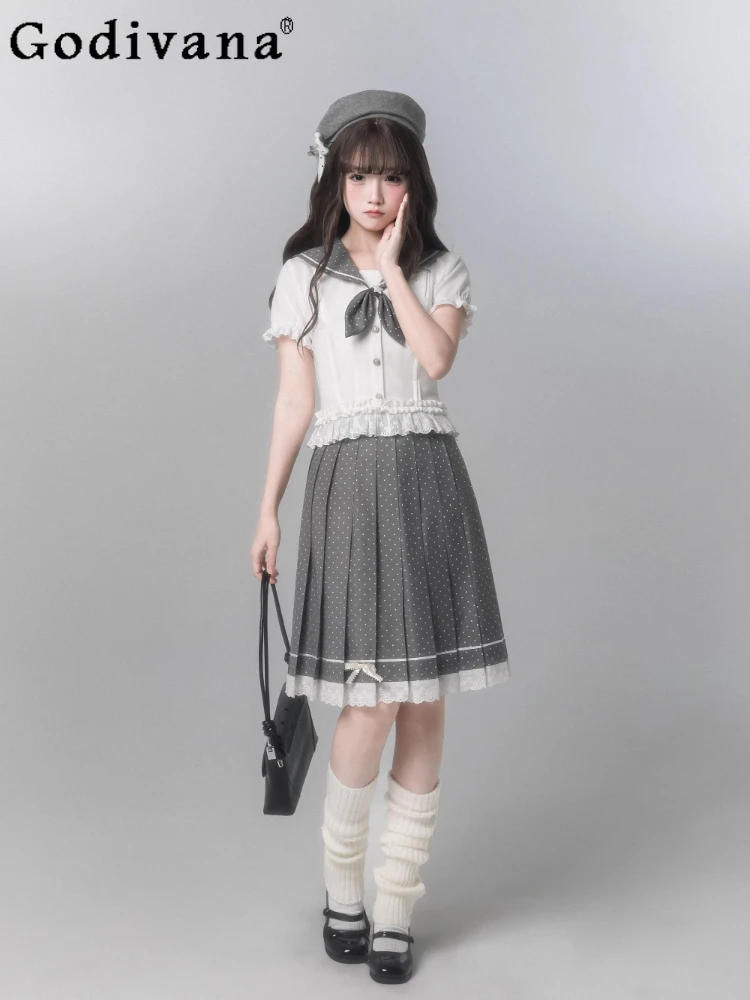 

Original Japanese Preppy Style Jk Uniform Set Summer New Kawaii Girls Navy Collar Top and Skirt 2-piece Set Womens Outifits