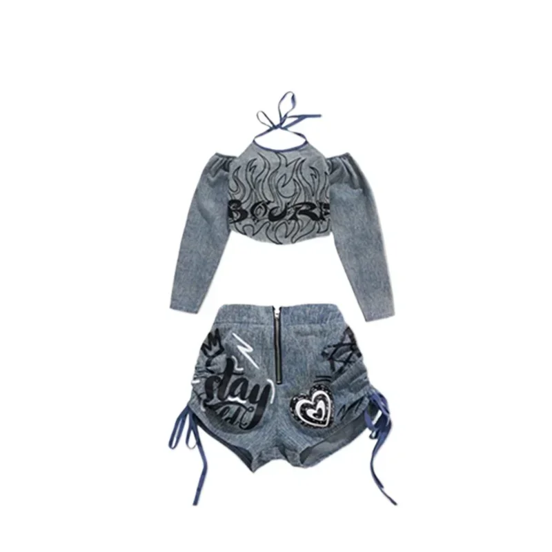 Girls K-pop Denim Crop Top Street Dance Cargo Jeans Pants Kids Hip Hop Jazz Shorts Clothes Set Children Streetwear Stage Costume