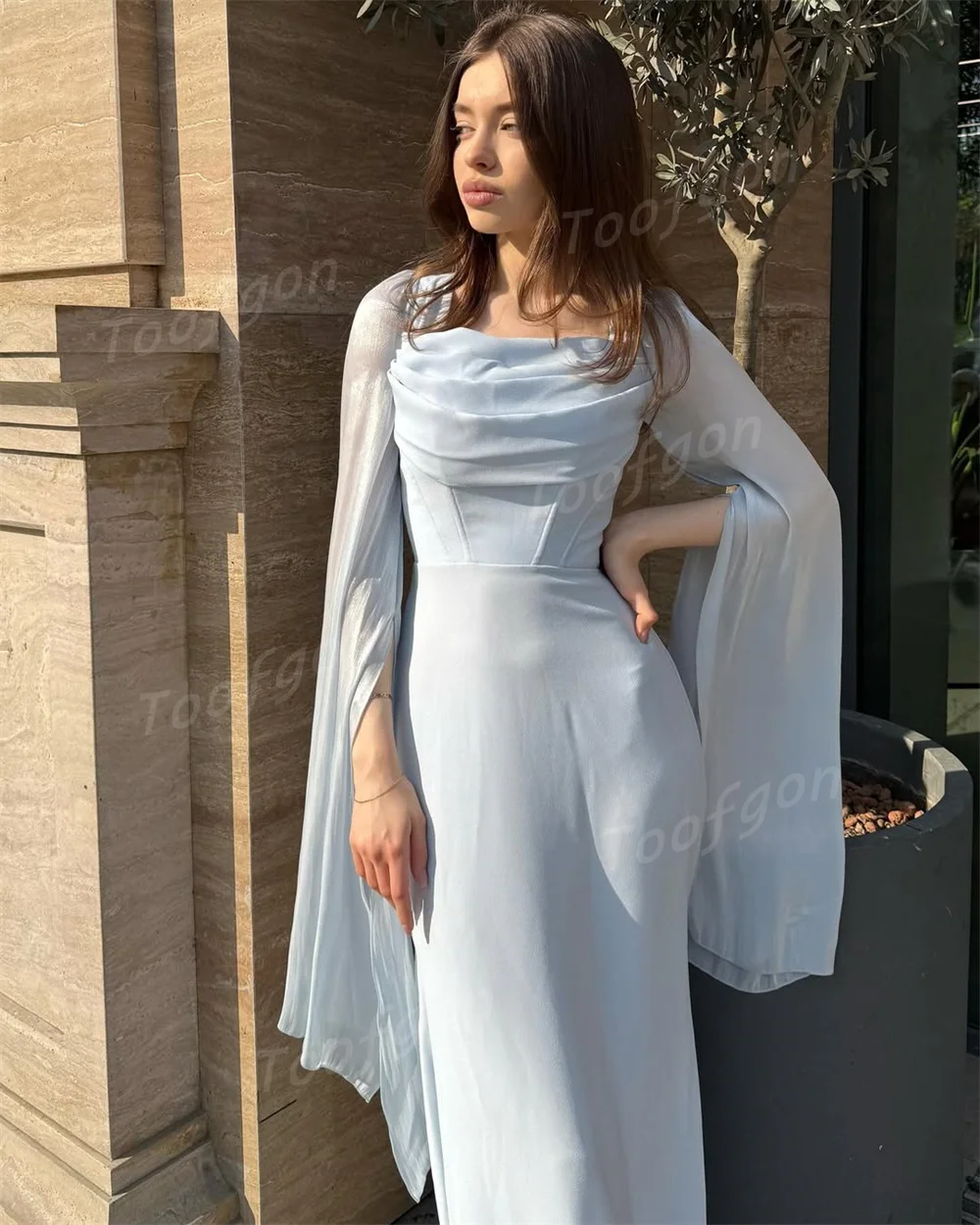 Toofgon Sauqre Collar Chiffon Mermaid Evening Dresses Customized Long Cape Sleeve Special Occasion Party Dress Long Prom Gown