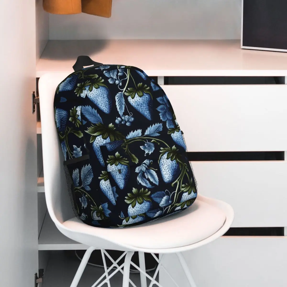 Cute Blue Strawberry On Black Pattern Backpack Student BookBag Kids School Bag Laptop Shoulder Bags for Boys Girls