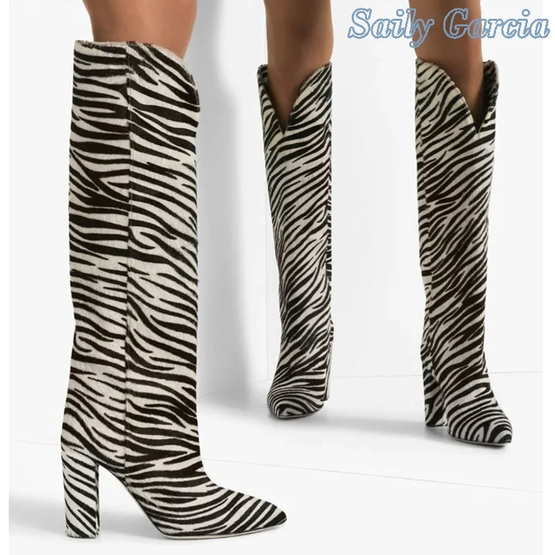 Contrast Color Zebra Pattern Boots Slip on Chunky Heels Loose Version Sexy Personality Knee High Ladies Modern Concise Shoes