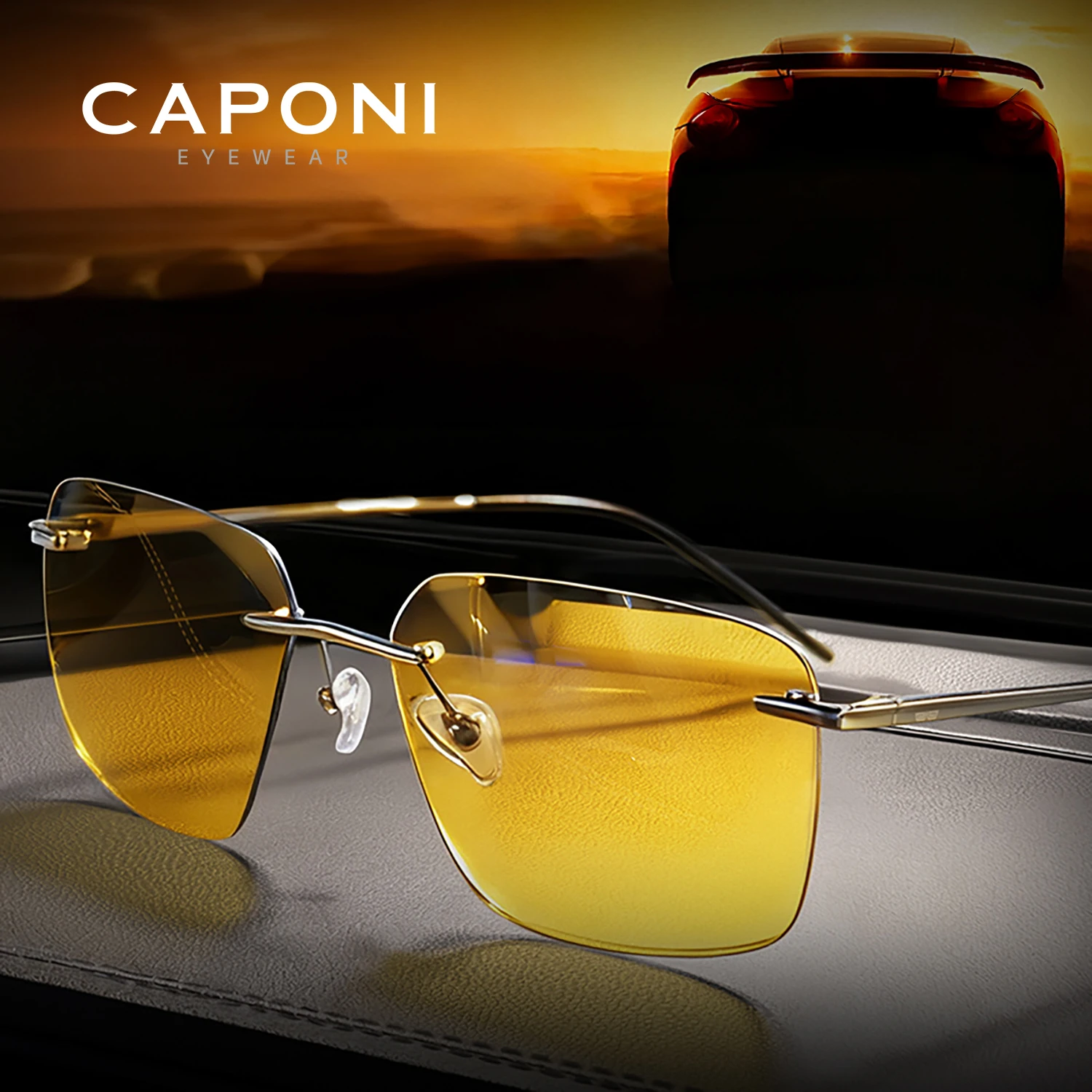 CAPONI Pure Titanium Men's Sunglasses Photochromic Night Vision Rimless Driving Sun Glasses Light UV400 Brand Shades BSYS28923