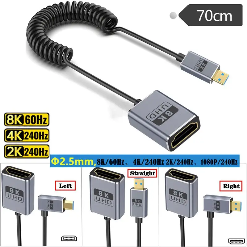 Coaxial 8k 2.1 versão ultrafina 2.5mm micro hdmi compatível com macho para hdtv cabeças femininas 8k @ 60hz cabo de conexão de câmera hd