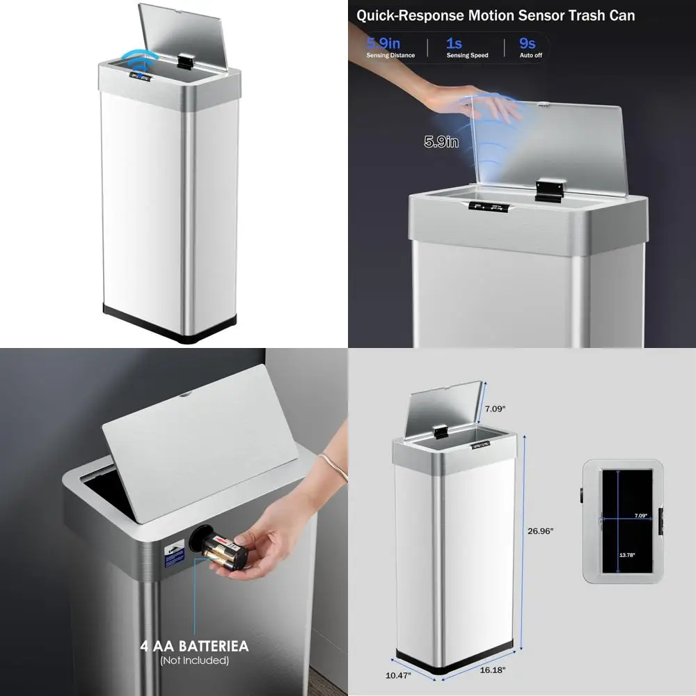

Touchless Automatic 16 Gallon Trash Can with Motion Sensor, Brushed Stainless Steel, Smart Bin, Bag Holder, Soft-Close Lid, Garb