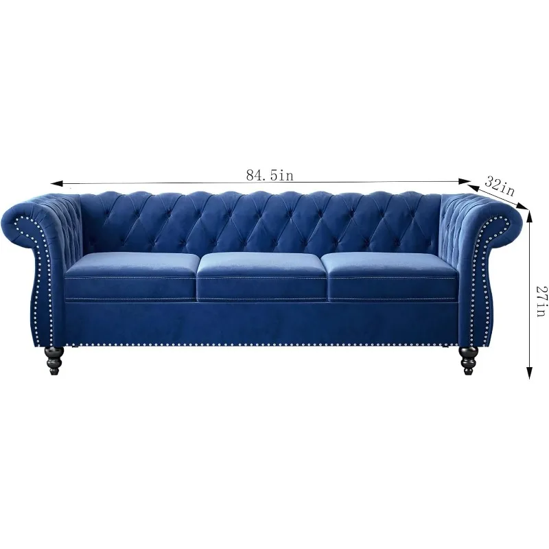 Chesterfield Sofa Velvet, Modern Tufted Couch 3 Seater with Rolled Arms and Nailhead for Living Room, Bedroom,