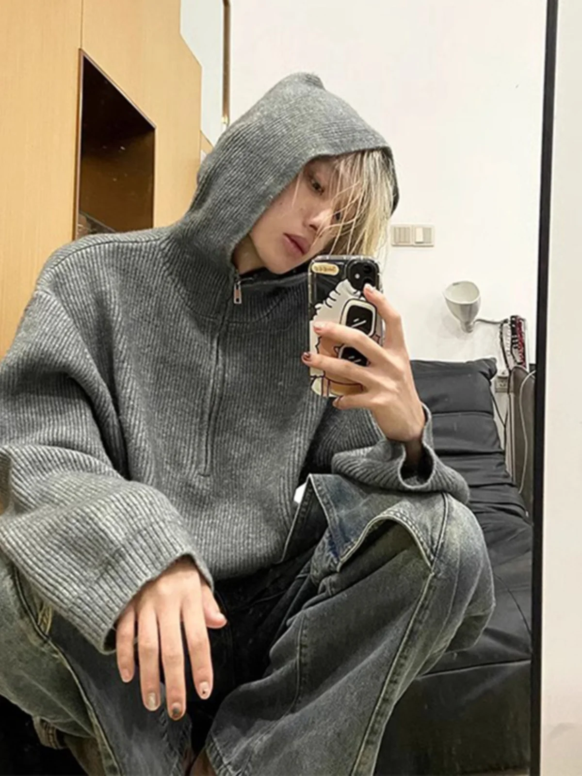 

Мужской серый вязаный свитер с капюшоном на молнии до середины груди, новинка осени 2023, в расслабленном стиле, премиум-класса, повседневный, прямого кроя