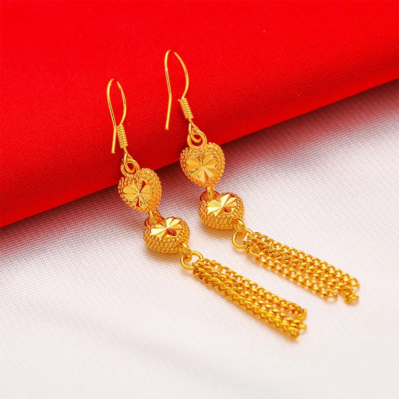 

24K gold rose fringed earrings AU999 full gold, three-dimensional rose blooming shape, gold chain tassel swaying posture