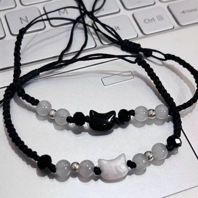 2PCS Natural Moonstone Obsidian Bracelets Handmade Bracelet Handmade Couple Cute Black White Cat Bracelet Accessories Jewelry