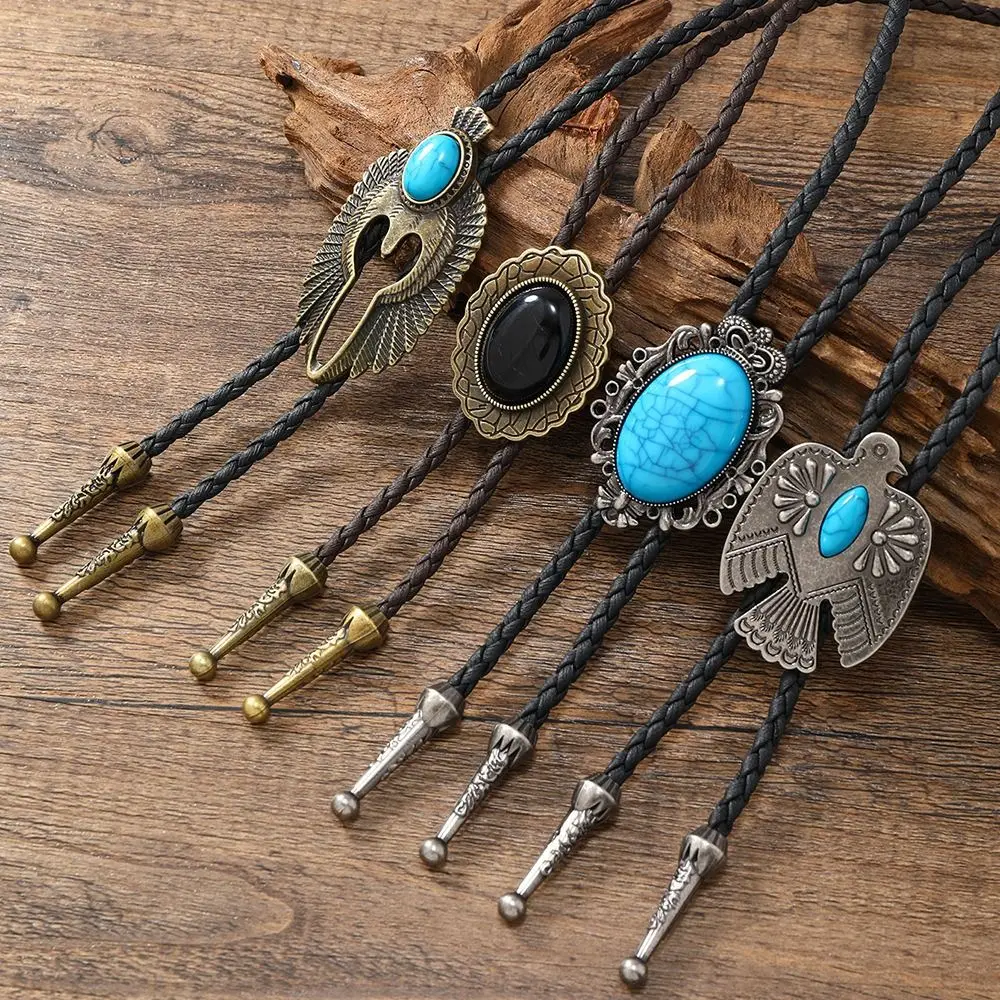 Boho American Bolo Necklace PU Woven Cowboy Hat Pendant Turquoises Beaded Necklace Western Country Style Clavicle Chain