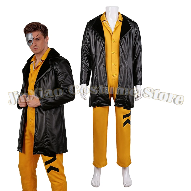 

Game Delta Action Cosplay Raven Costume Men Black PU Leather Jacket Yellow Jumpsuit The Mad One Uniform Halloween Party Outfit
