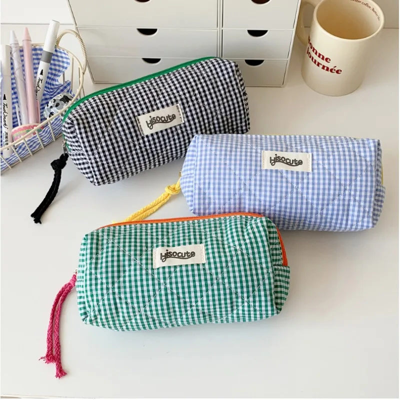 1PC Color blocking checkered pencil case, girls' stationery storage bag, large capacity cosmetics and miscellaneous storage bag